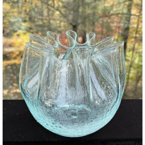 Vtg Aqua Color Crackle Glass Ruffled Crimpled Pinched Pleated Ribbon Glass Bowl - Picture 2 of 11